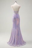 Sparkly Lilac Mermaid Spaghetti Straps Sequin Corset Prom Dress with Slit