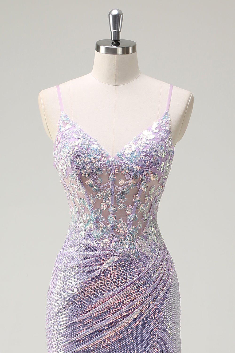 Sparkly Lilac Mermaid Spaghetti Straps Sequin Corset Prom Dress with Slit