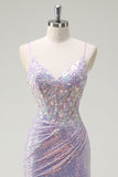 Sparkly Lilac Mermaid Spaghetti Straps Sequin Corset Prom Dress with Slit