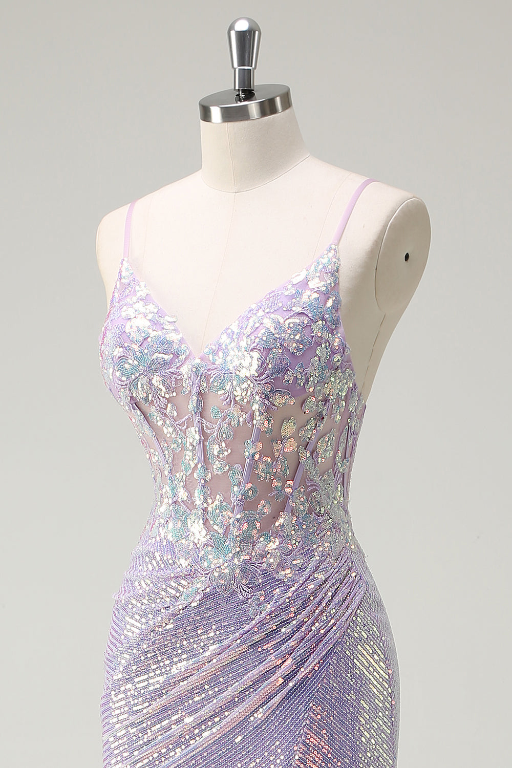 Sparkly Lilac Mermaid Spaghetti Straps Sequin Corset Prom Dress with Slit