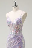 Sparkly Lilac Mermaid Spaghetti Straps Sequin Corset Prom Dress with Slit
