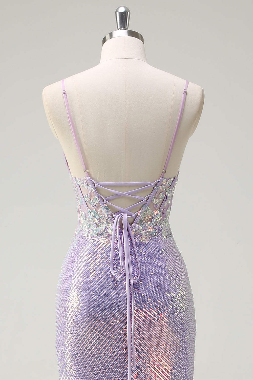 Sparkly Lilac Mermaid Spaghetti Straps Sequin Corset Prom Dress with Slit