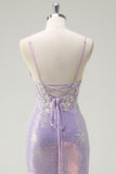 Sparkly Lilac Mermaid Spaghetti Straps Sequin Corset Prom Dress with Slit