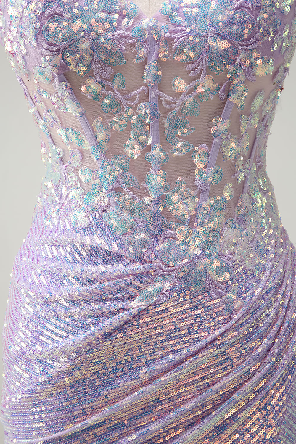 Sparkly Lilac Mermaid Spaghetti Straps Sequin Corset Prom Dress with Slit