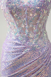 Sparkly Lilac Mermaid Spaghetti Straps Sequin Corset Prom Dress with Slit