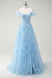 Sparkly Sky Blue A-Line Off The Shoulder Sequin Long Prom Dress with Slit