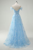 Sparkly Sky Blue A-Line Off The Shoulder Sequin Long Prom Dress with Slit