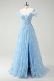 Sparkly Sky Blue A-Line Off The Shoulder Sequin Long Prom Dress with Slit