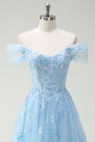 Sparkly Sky Blue A-Line Off The Shoulder Sequin Long Prom Dress with Slit