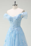 Sparkly Sky Blue A-Line Off The Shoulder Sequin Long Prom Dress with Slit