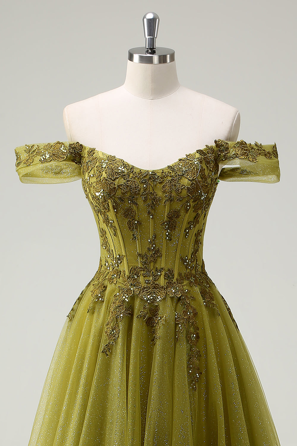 A-Line Army Green Off The Shoulder Sequin Long Prom Dress with Slit