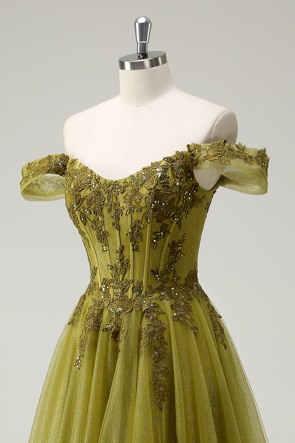 A-Line Army Green Off The Shoulder Sequin Long Prom Dress with Slit