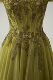 A-Line Army Green Off The Shoulder Sequin Long Prom Dress with Slit