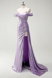 Lilac Mermaid Off The Shoulder Ruched Side Cape Prom Dress with Slit