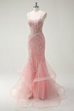Sparkly Pink Mermaid Spaghetti Straps Sequin Corset Long Prom Dress