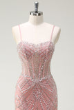 Sparkly Pink Mermaid Spaghetti Straps Sequin Corset Long Prom Dress