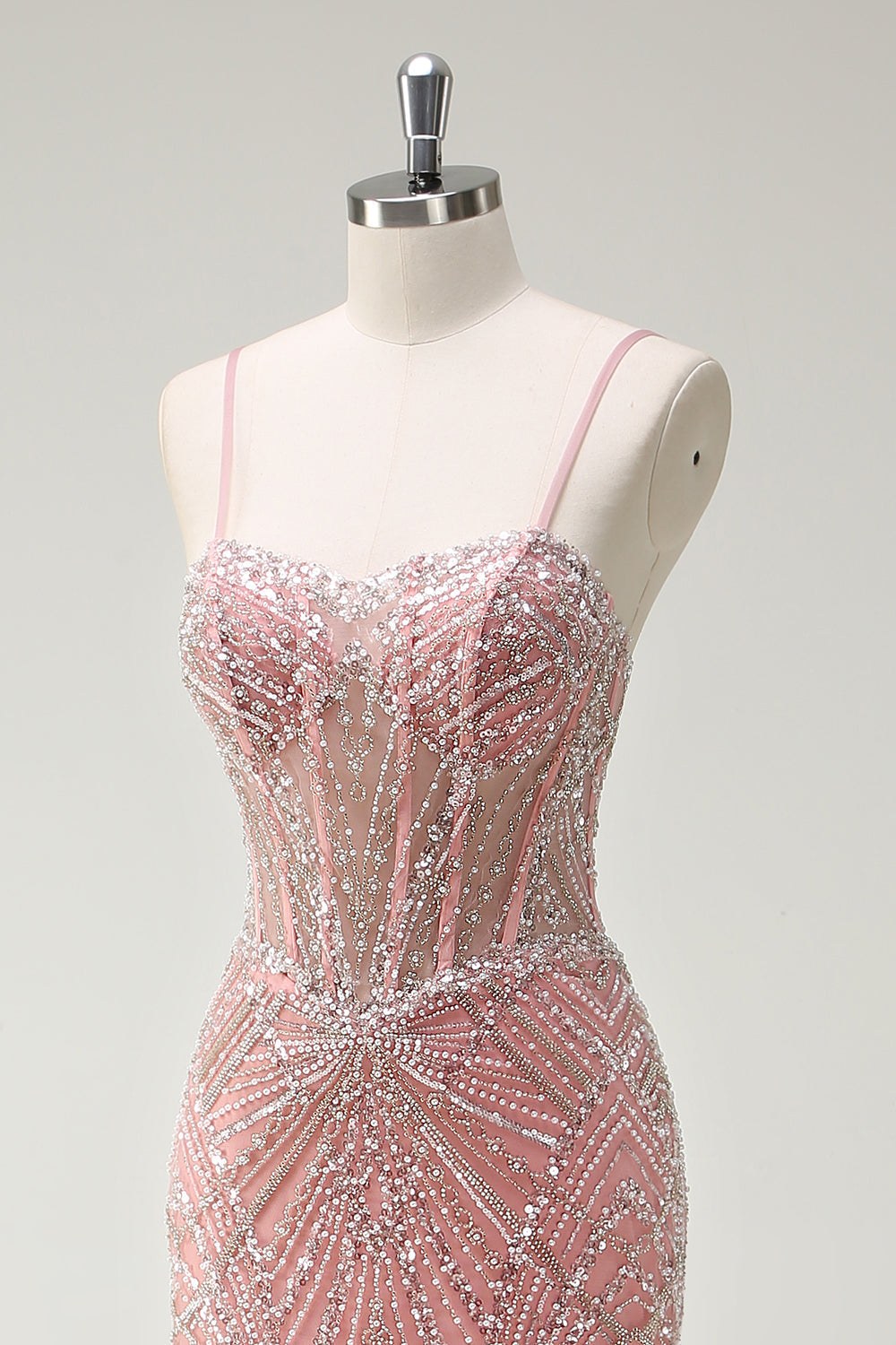Sparkly Pink Mermaid Spaghetti Straps Sequin Corset Long Prom Dress