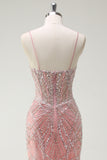 Sparkly Pink Mermaid Spaghetti Straps Sequin Corset Long Prom Dress