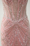 Sparkly Pink Mermaid Spaghetti Straps Sequin Corset Long Prom Dress