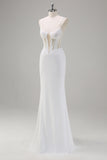 White Mermaid Spaghetti Straps Corset Long Wedding Dress with Lace Up Back
