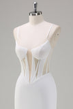 White Mermaid Spaghetti Straps Corset Long Wedding Dress with Lace Up Back