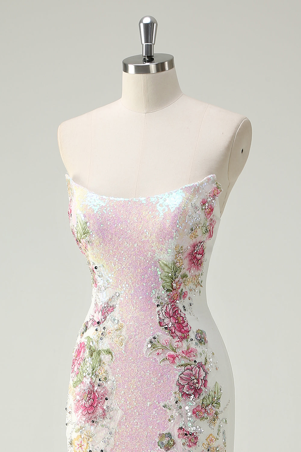 Sparkly White Mermaid Strapless Floral Long Prom Dress