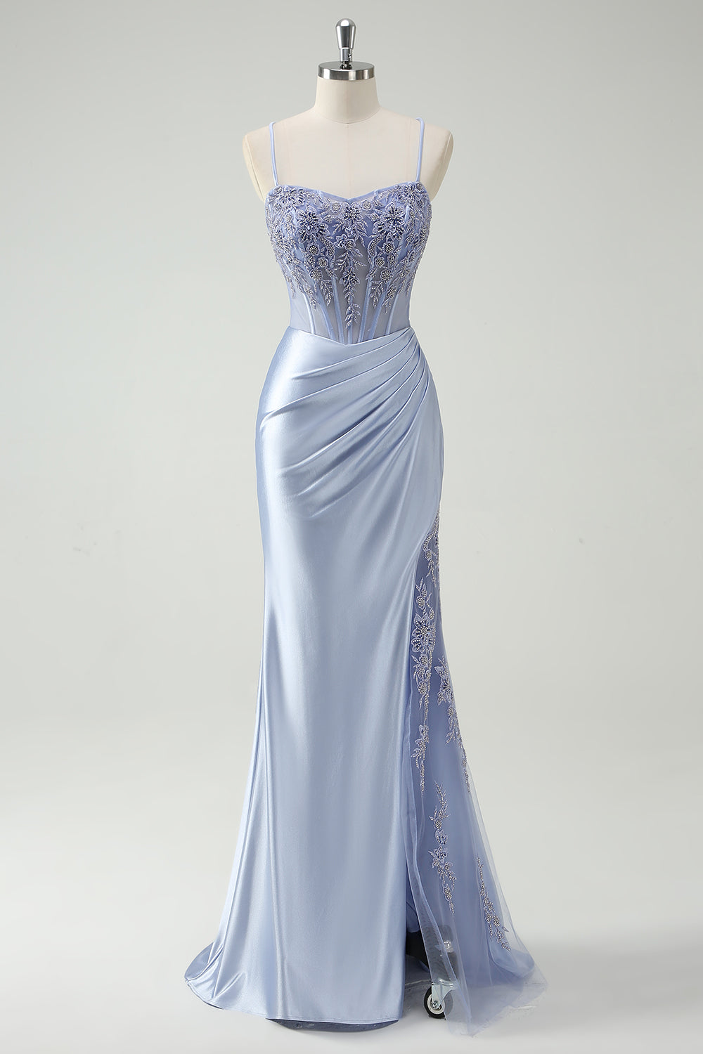 Light Blue Mermaid Ruched Corset Long Prom Dress with Appliqued Beading