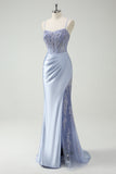 Light Blue Mermaid Ruched Corset Long Prom Dress with Appliqued Beading