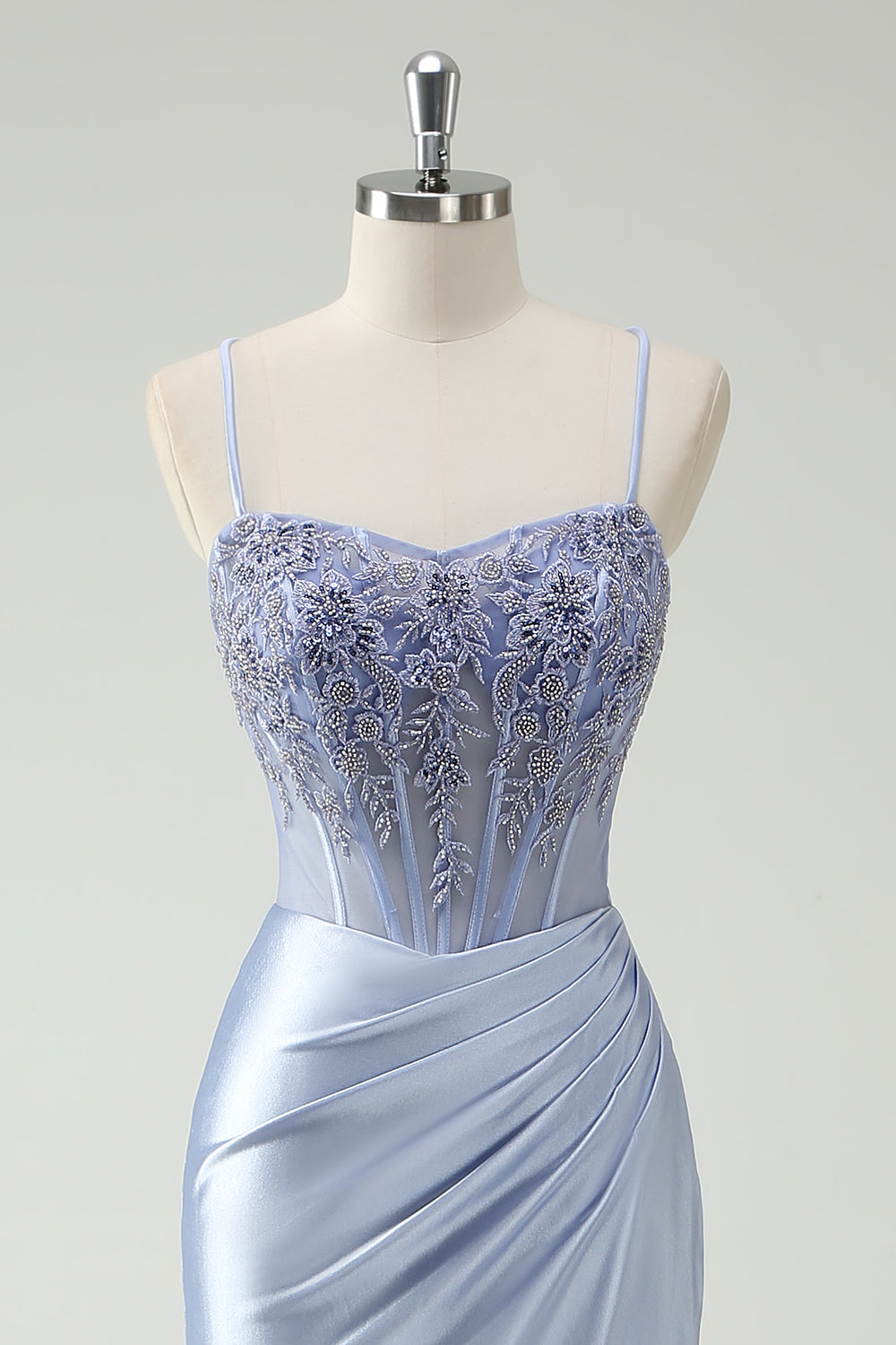 Light Blue Mermaid Ruched Corset Long Prom Dress with Appliqued Beading