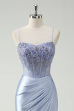 Light Blue Mermaid Ruched Corset Long Prom Dress with Appliqued Beading
