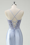Light Blue Mermaid Ruched Corset Long Prom Dress with Appliqued Beading