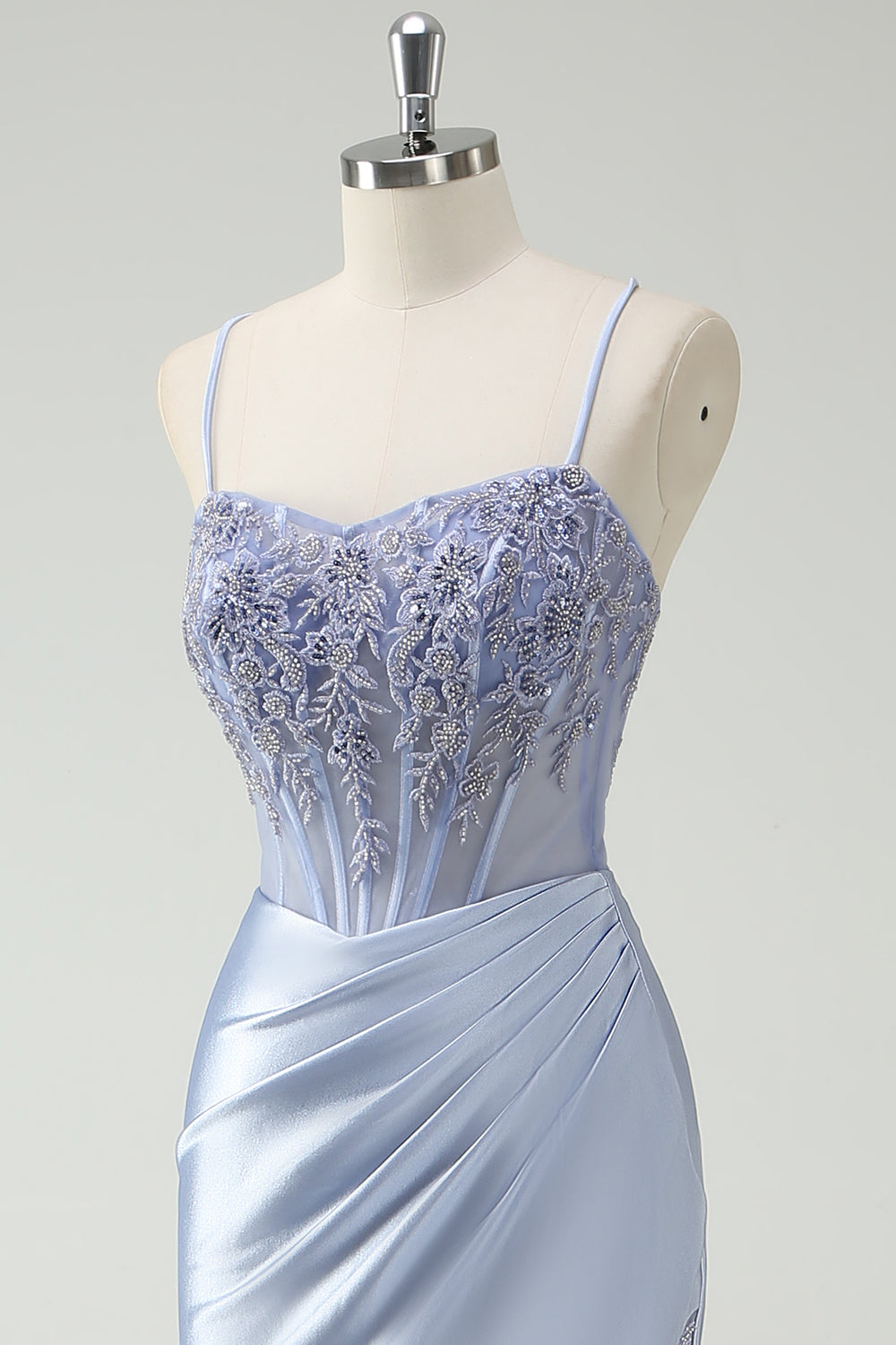 Light Blue Mermaid Ruched Corset Long Prom Dress with Appliqued Beading