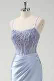 Light Blue Mermaid Ruched Corset Long Prom Dress with Appliqued Beading