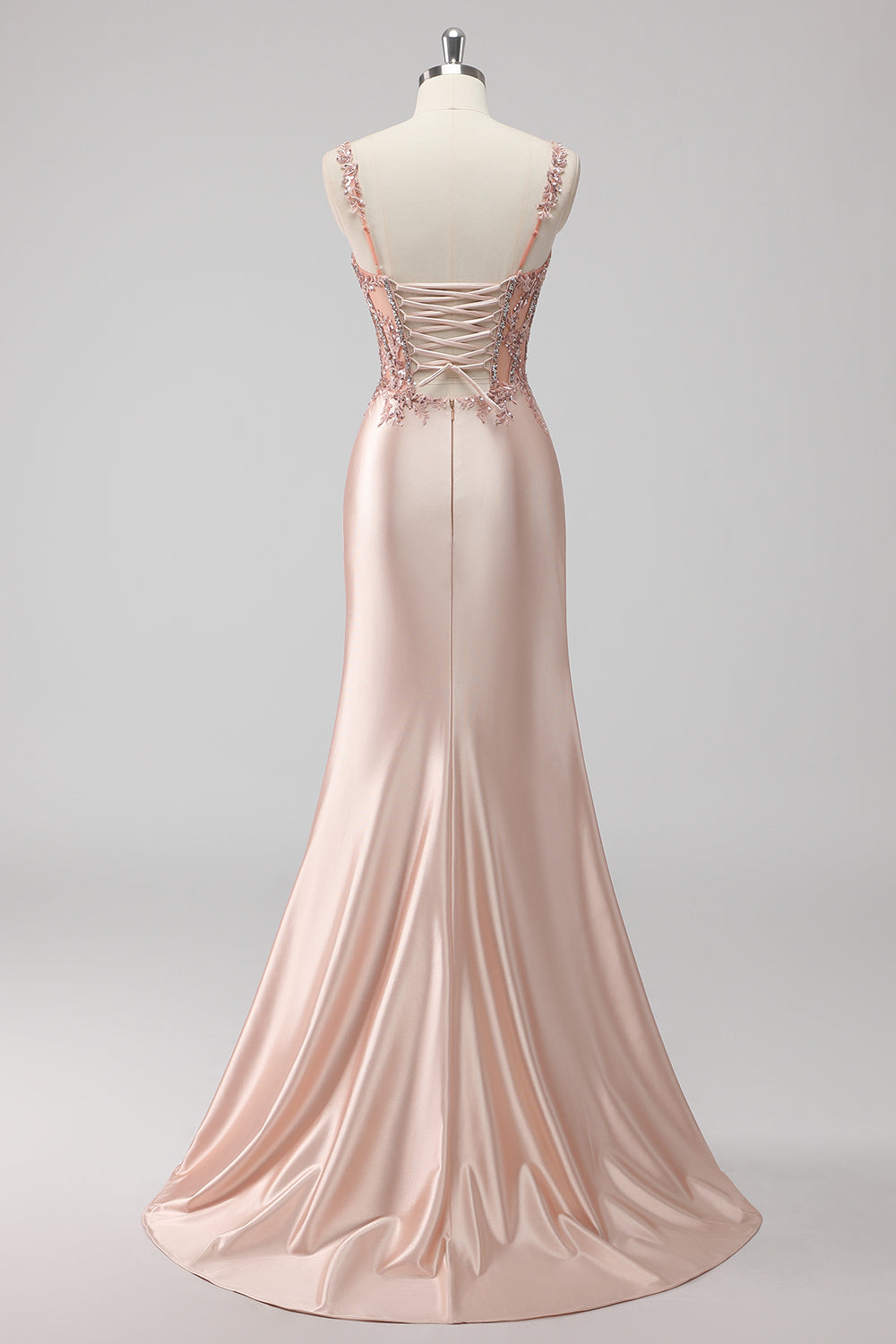 Blush Satin Mermaid Sequin Long Prom Dress with Slit