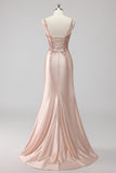 Blush Satin Mermaid Sequin Long Prom Dress with Slit