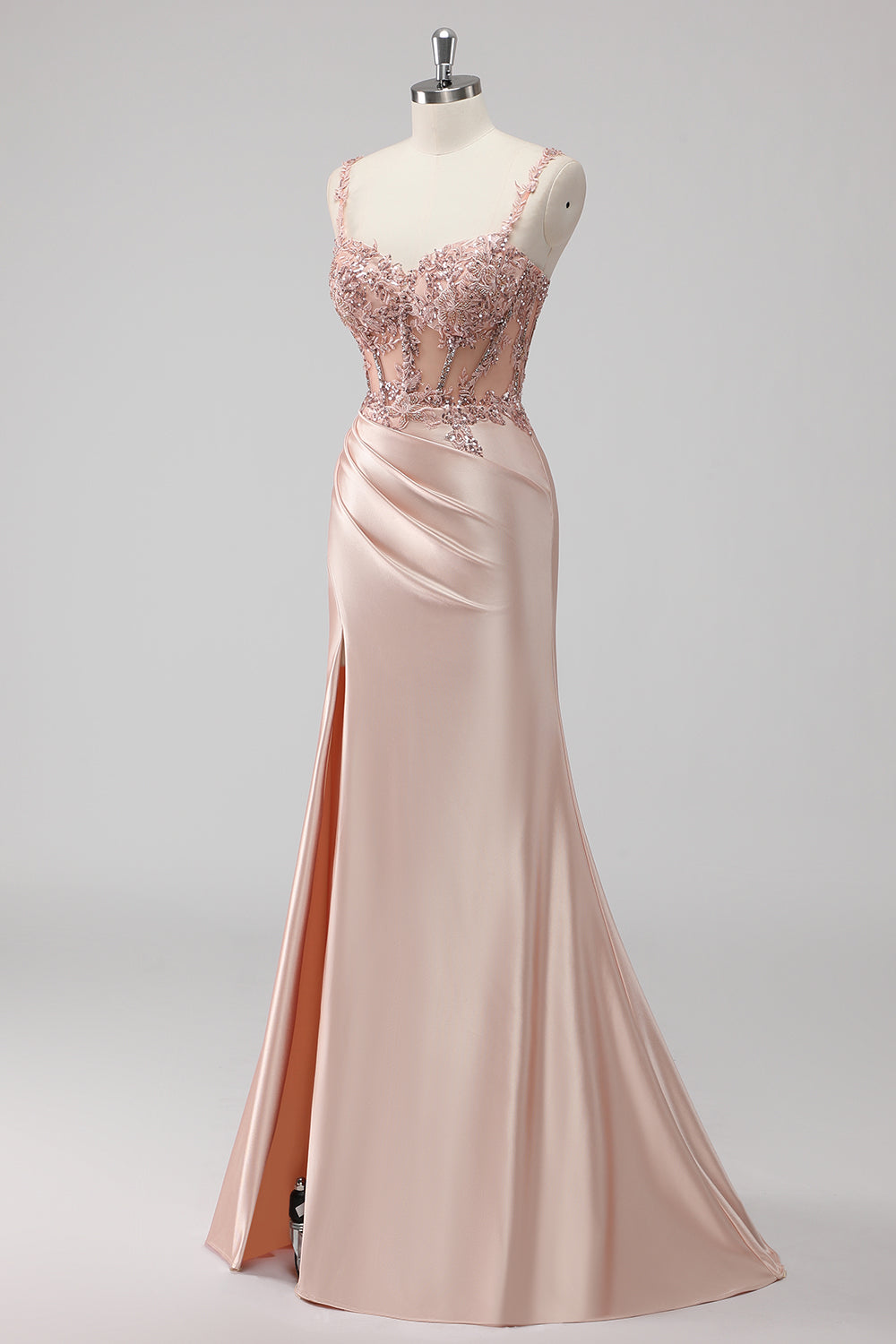 Blush Satin Mermaid Sequin Long Prom Dress with Slit