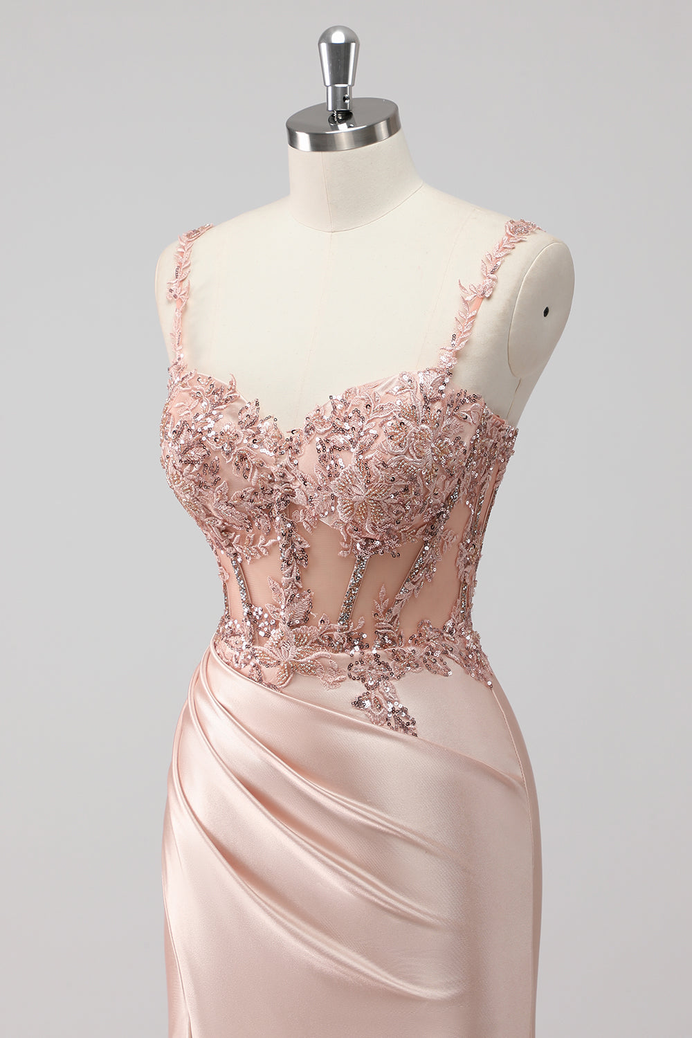 Blush Satin Mermaid Sequin Long Prom Dress with Slit