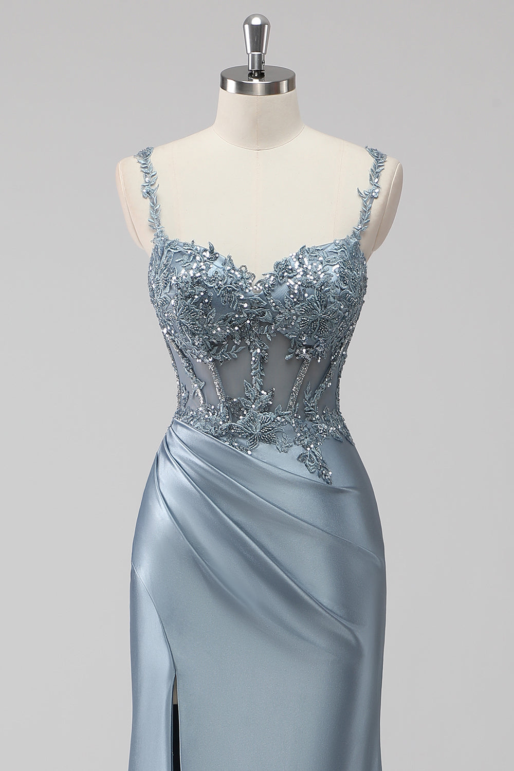 Blush Satin Mermaid Sequin Long Prom Dress with Slit