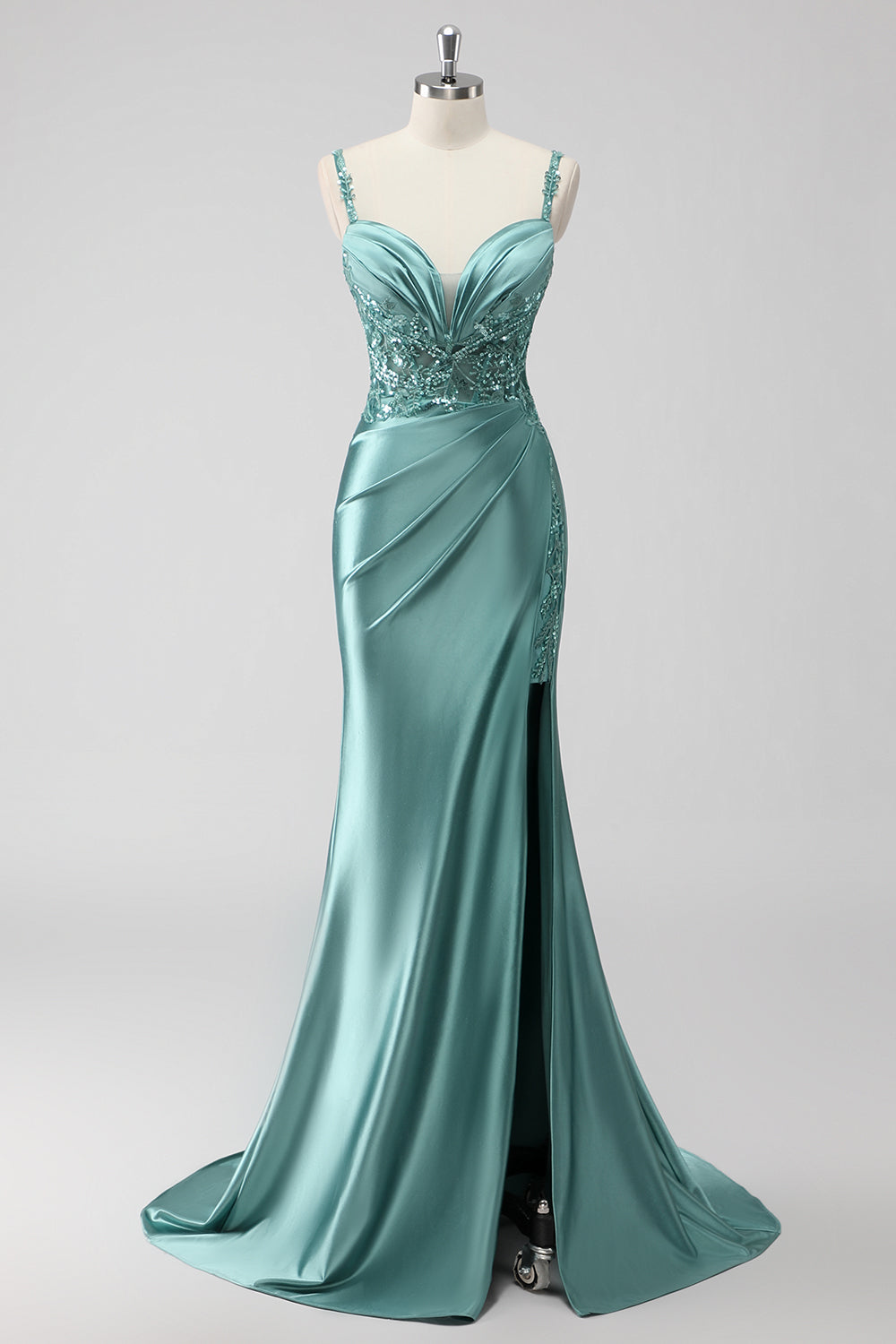 Green Mermaid Satin Ruched Sequins Long Prom Dress with Slit