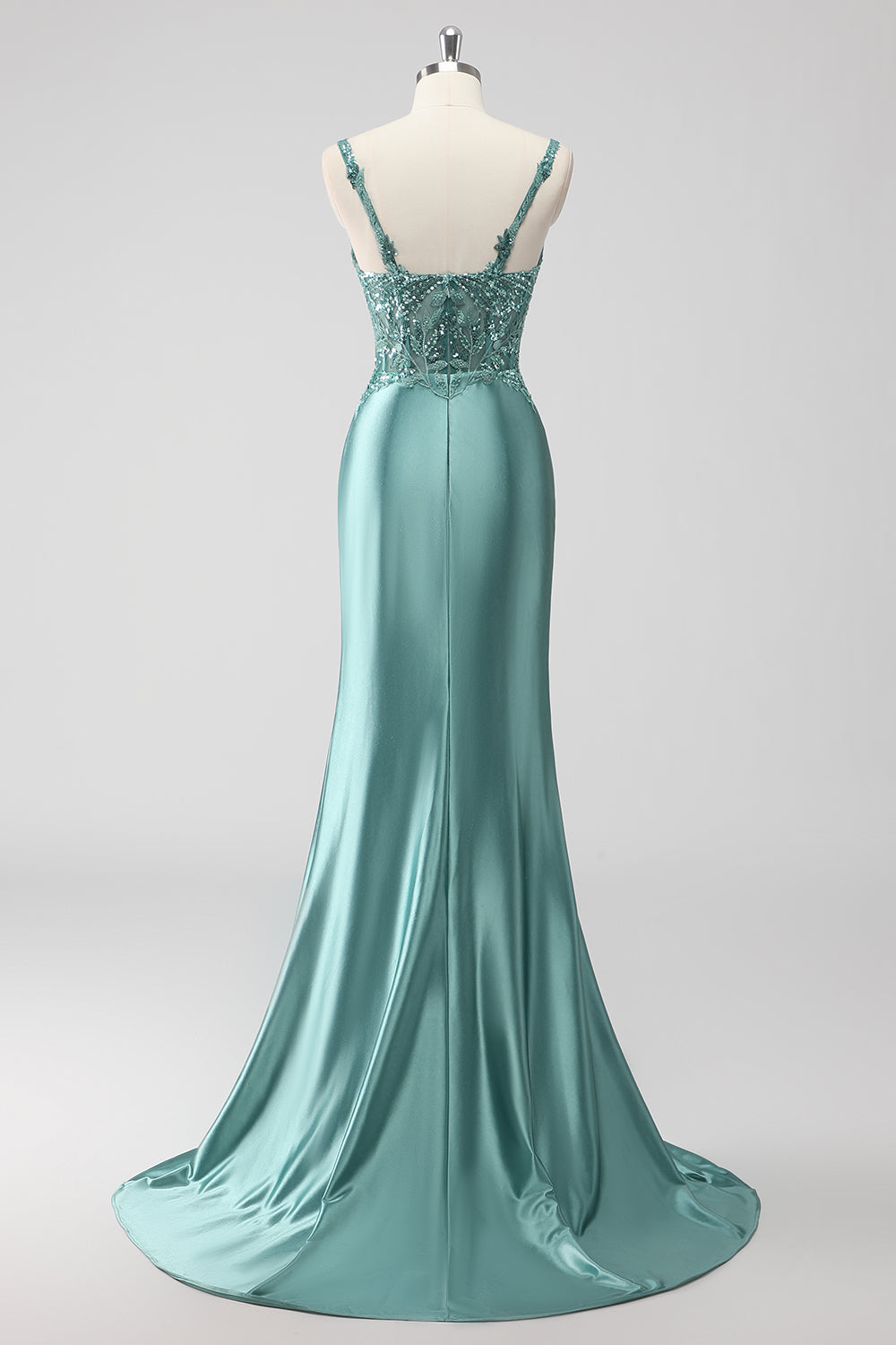Green Mermaid Satin Ruched Sequins Long Prom Dress with Slit
