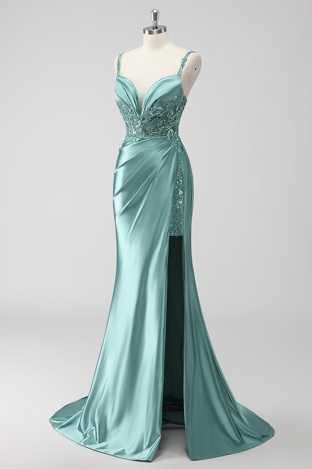 Green Mermaid Satin Ruched Sequins Long Prom Dress with Slit