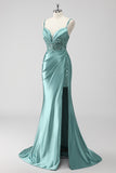Green Mermaid Satin Ruched Sequins Long Prom Dress with Slit
