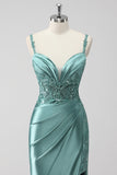 Green Mermaid Satin Ruched Sequins Long Prom Dress with Slit