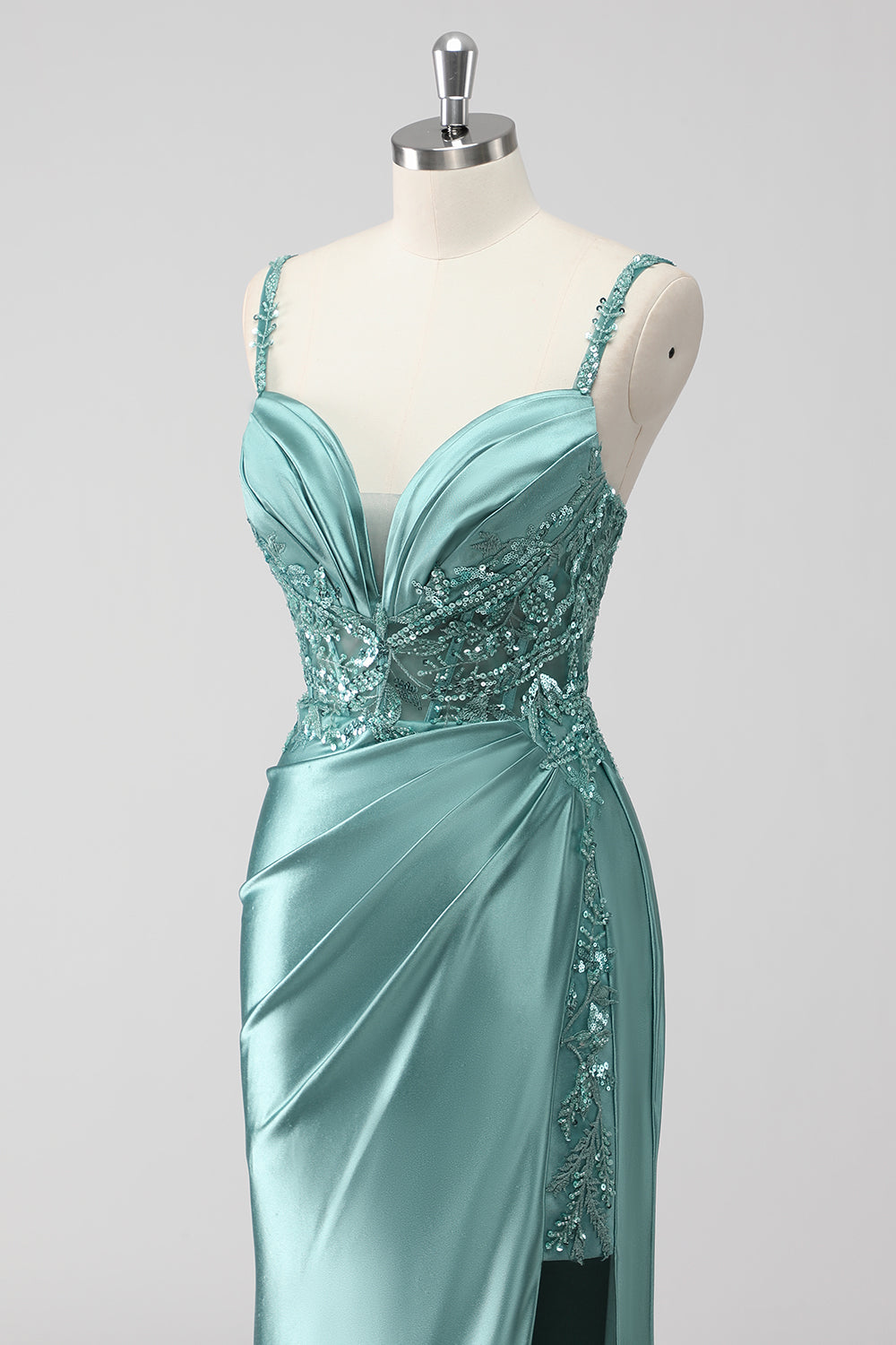 Green Mermaid Satin Ruched Sequins Long Prom Dress with Slit