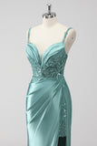 Green Mermaid Satin Ruched Sequins Long Prom Dress with Slit