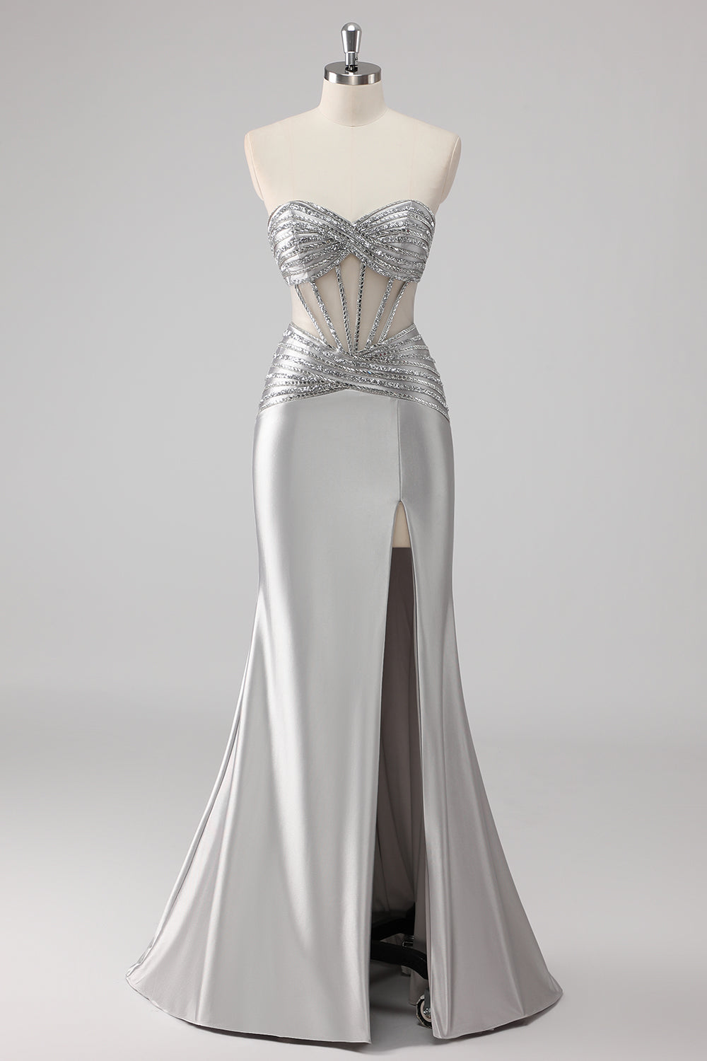 Grey Strapless Satin Mermaid Beaded Long Prom Dress with Slit