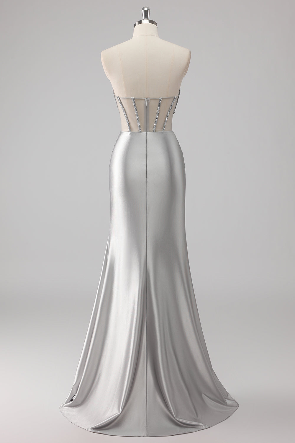 Grey Strapless Satin Mermaid Beaded Long Prom Dress with Slit