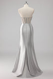 Grey Strapless Satin Mermaid Beaded Long Prom Dress with Slit