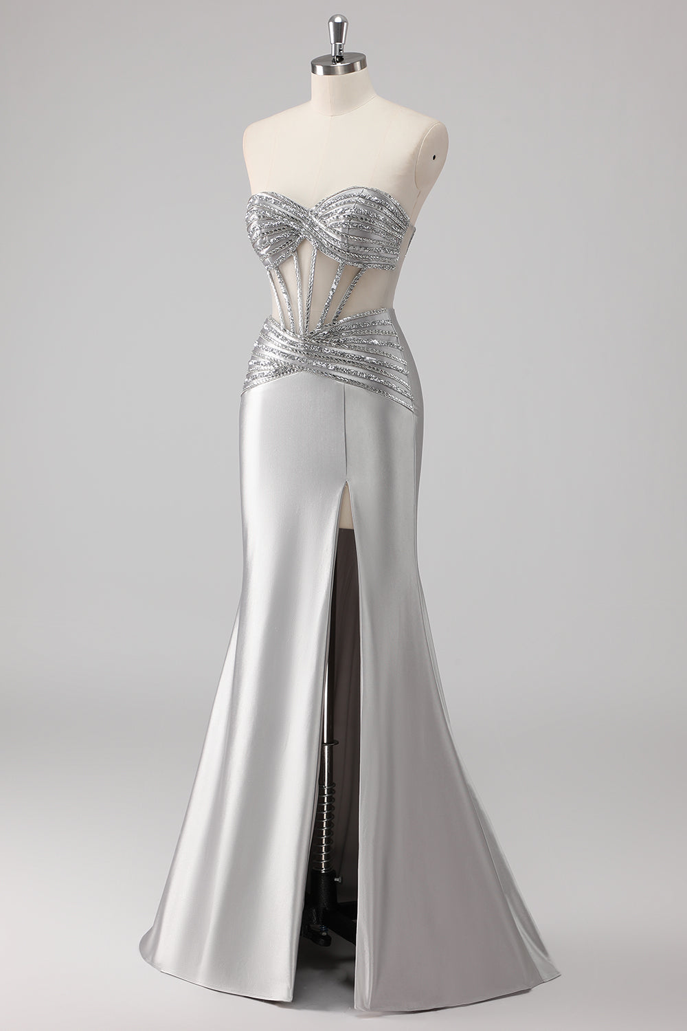 Grey Strapless Satin Mermaid Beaded Long Prom Dress with Slit