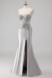 Grey Strapless Satin Mermaid Beaded Long Prom Dress with Slit